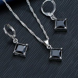 ⭐4pc Bundle Sale⭐ Black Princess Cut Pendant And Earrings w 18" Chain 925 Silver